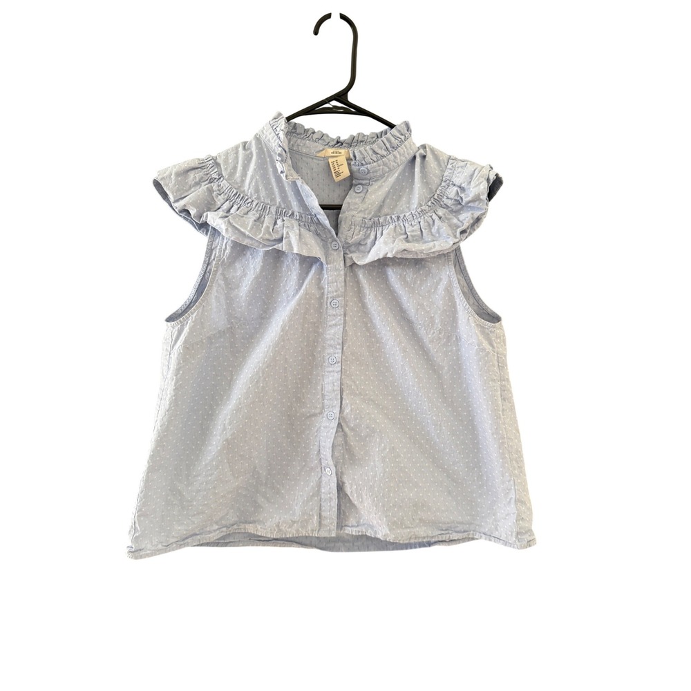 HM Womens‎ Blue Pinstripe Polka Dot Ruffle Sleeveless Blouse Top 10 Coquette